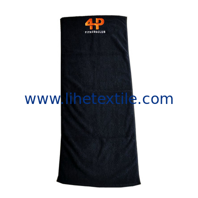 Wholesale customized 100% cotton embroidered logo black towel gym sports towel with pocket