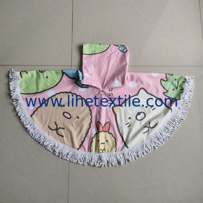 Hotsale round microfiber custom  poncho towel kids printing beach tassel poncho beach towel
