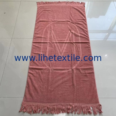 Plain Dyed Custom Pattern Beach Towel With Embossed Logo and Tassel