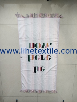 Large size white tassel print design jacquard beach towel velour cotton printing towel