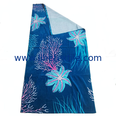 Extra large thick blue beach towel custom cotton marine plants printed beach towel