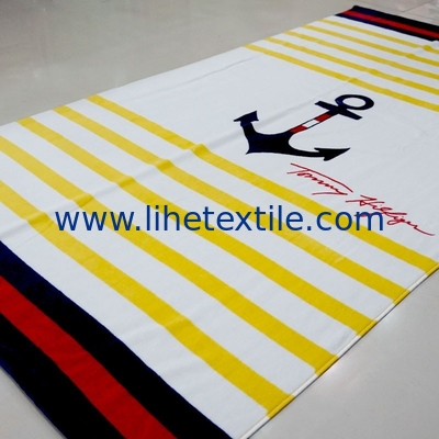 Wholesale 100% cotton yellow and white  striped navy anchor printed beach towel